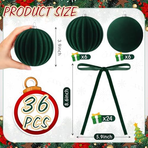 Green Velvet Christmas Balls & Bows Set - 12 4-Inch Ornaments + 24 Pre-Tied Bows