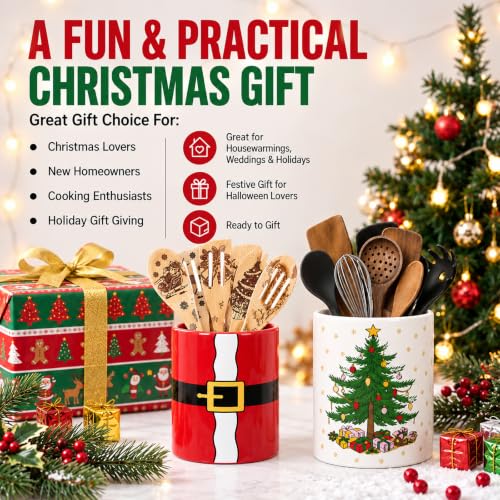 FoldTier Christmas Utensil Holder Set with Santa Belt & Christmas Tree Designs - Kitchen Decor, 2 Pcs, Holiday Gift