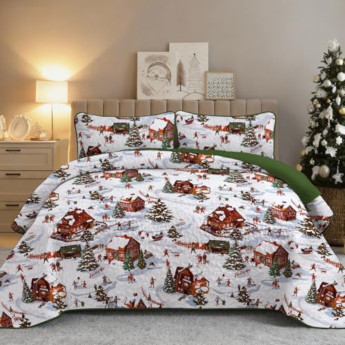 Yiran Red Cottage Christmas Quilt Set Queen Size with Deer Snowman Village, 104x90 inches