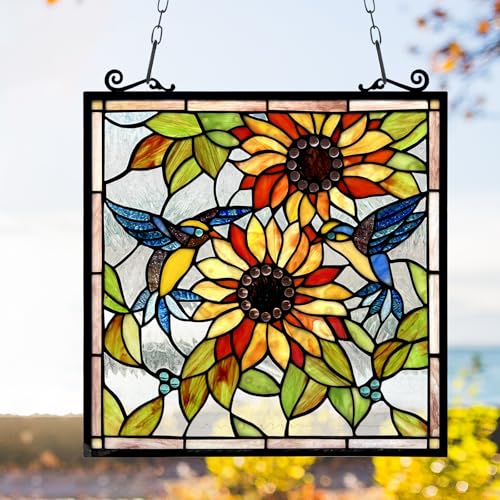 Handcrafted Sunflower Stained Glass Window Panel with Birds