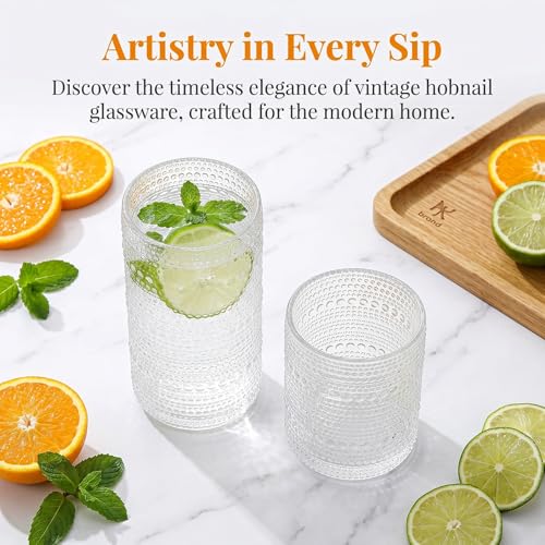 Vintage Hobnail Drinking Glasses Set, 8-Piece Embossed Clear Glass Tumblers