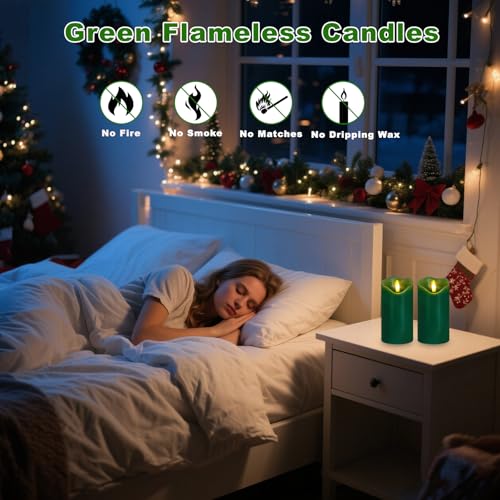Green Flameless Candles Set of 2 with Remote & Timer - Real Wax, 6x3 inches