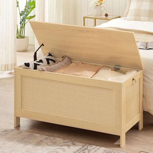 39.4-Inch Storage Bench with Faux Rattan Front and Safety Hinge