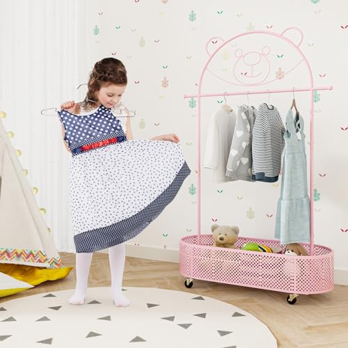 Kids Adjustable Garment Rack with Storage Basket and Wheels (Pink)