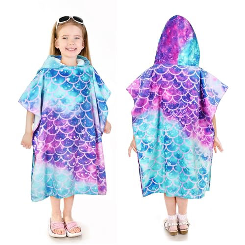 Catalonia Kids Mermaid Hooded Towel Poncho – 100% Cotton Swim Robe for Girls 2-6