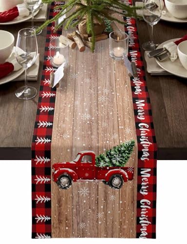 PIEPLE Christmas Red Truck Table Runner 13x36 Inch Farmhouse Holiday Decor