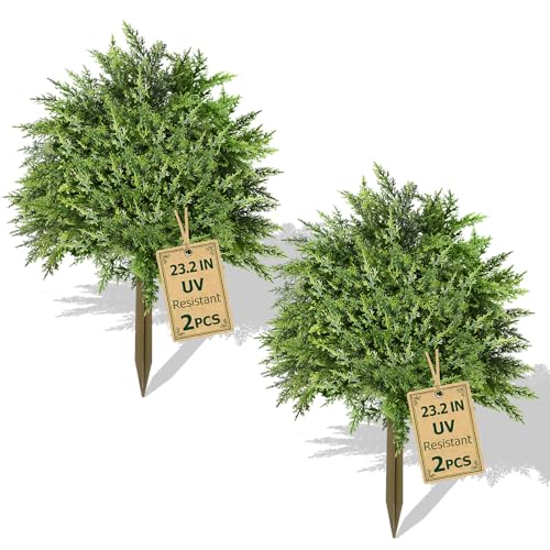 2-Pack 23-inch Artificial Cedar Topiary Ball Trees, UV-Resistant Faux Plants