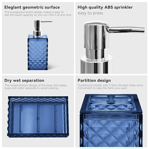 4-Piece Blue Bathroom Accessory Set with Diamond Pattern Design