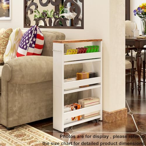 4-Tier Slim Rolling Storage Cart, 5.5" Narrow Wood Organizer on Wheels