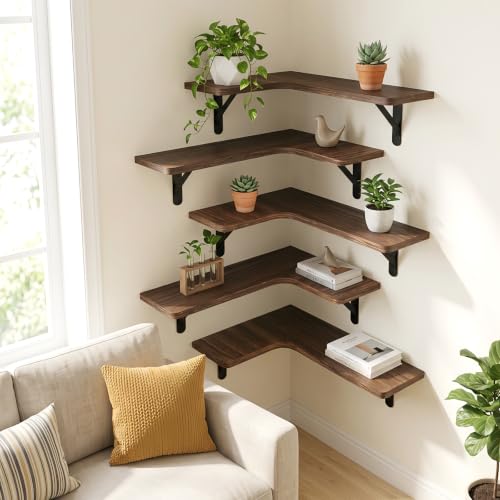 5-Piece Corner Floating Shelves, Solid Wood Wall Shelves with Metal Brackets