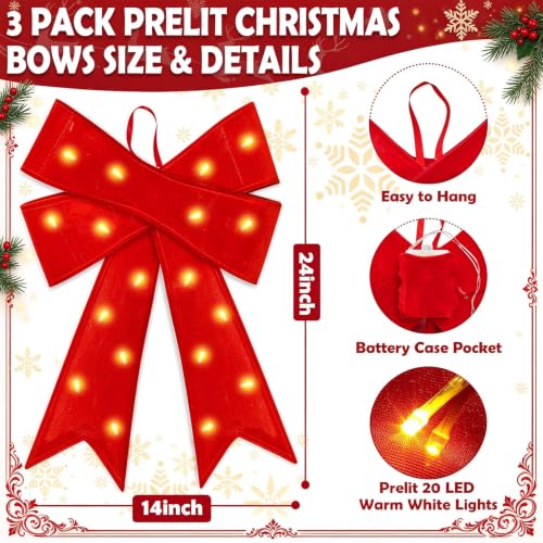 2 Pack Prelit Red Velvet Christmas Bows with 20 LED Lights & Remote Timer