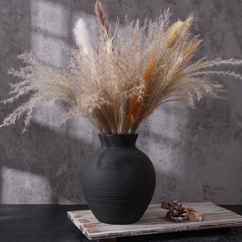 Black Ceramic Flower Vase - 7.4" Handcrafted Farmhouse Table Decor