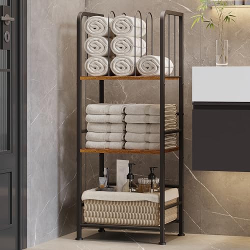 3-Tier Freestanding Bathroom Towel Rack Stand with Rustic Wood Shelf