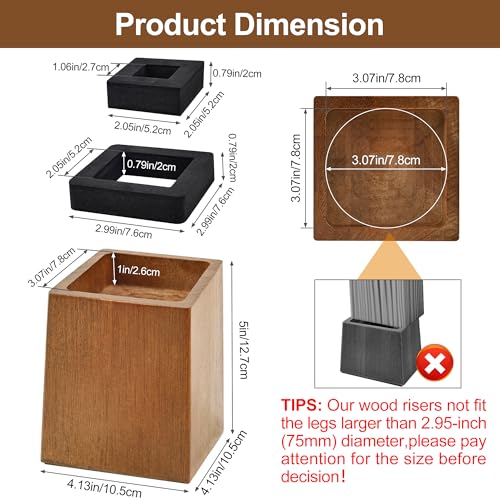 Heavy Duty Solid Wood Bed Risers 5 Inch, Non-Slip Furniture Lifts (2500 lbs)