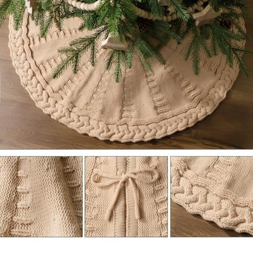 LimBridge Beige Knitted 36-Inch Christmas Tree Skirt with Cable Knit, Rustic Farmhouse