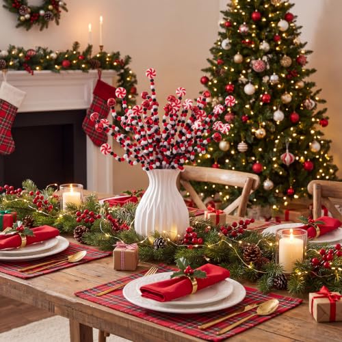 Flocked Christmas Candy Cane Tree Picks - 40 Pcs Red Green White Holiday Ornaments