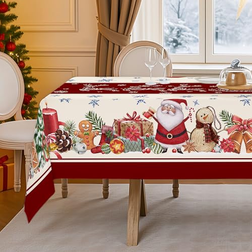 Hexagram Red 60x120 Inch Christmas Tablecloth - Snowman & Santa Rectangle