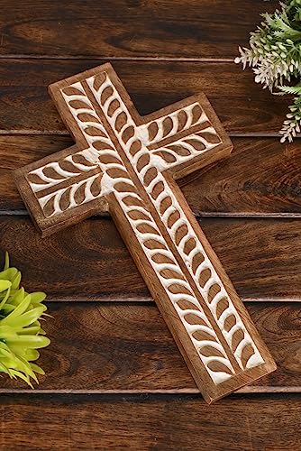 Handcrafted Mango Wood Catholic Wall Cross with Floral Carvings, 10-inch