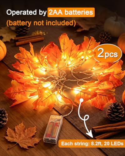 Lighted Fall Garland Maple Leaf String Lights - 2 Pack 16.4ft Battery Operated