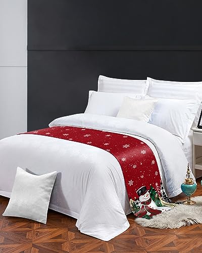 DecorLovee 83x20 Red Snowman Christmas Bed Runner for Queen Bed Winter Decor