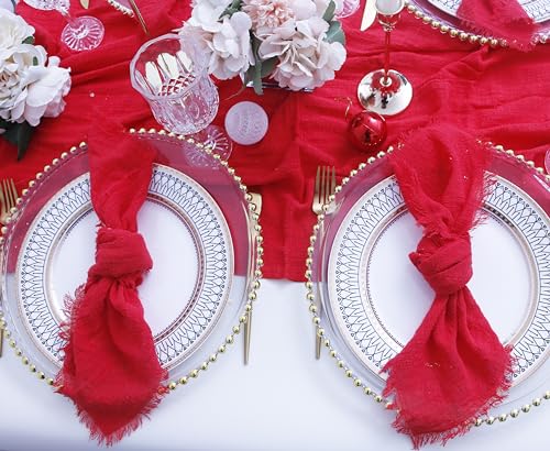 JINVASE Red Cotton Gauze Cloth Napkins with Fringe Set of 12, 16x16 inches
