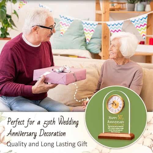 50th Wedding Anniversary Desk Clock with LED Light and Wooden Base