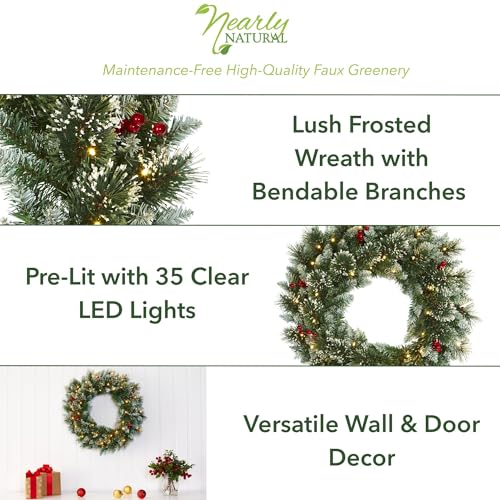 Nearly Natural 24in Pre-Lit Frosted Swiss Pine Christmas Wreath