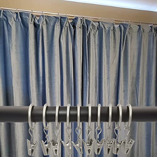 Matte Silver Curtain Rings with Clips (44 Pack) - 1-Inch ID Drapery Rings