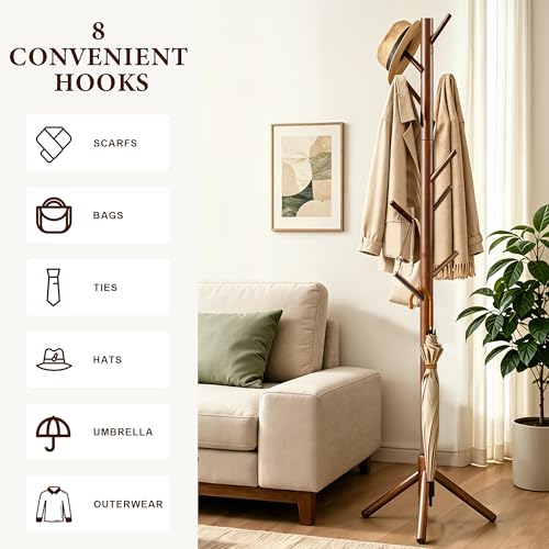 Freestanding Wooden Coat Rack Stand with 8 Hooks, 3 Adjustable Heights