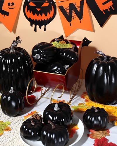 12 Pack Assorted Black Artificial Pumpkins for Fall Home Decor