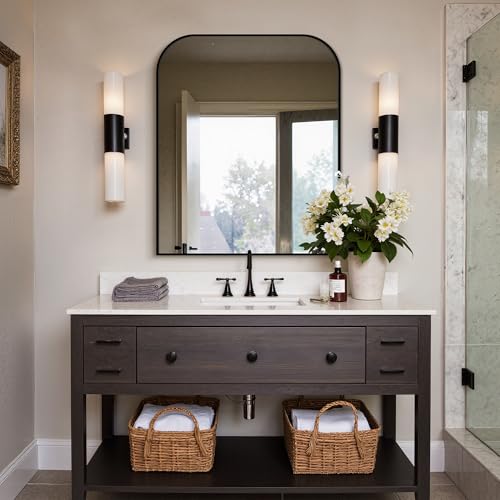 36x30 Inch Rounded Rectangle Bathroom Mirror, Black Metal Frame Wall Mirror