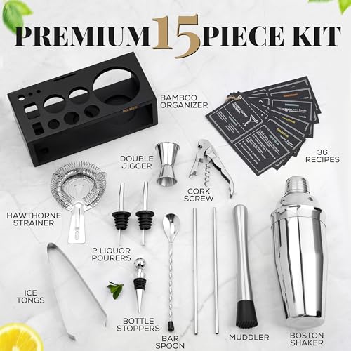 MixMate 15-Piece Cocktail Bar Set with Stand - Silver & Black Home Mixology Kit