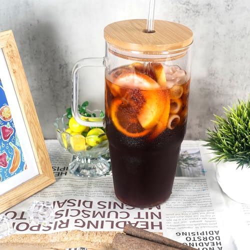 40 Oz Glass Tumbler with Handle, Bamboo Lid and Glass Straw