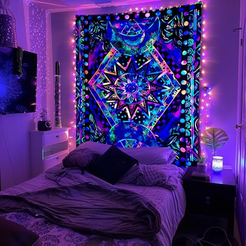 Blacklight Sun and Moon Tapestry - UV Reactive Glow Wall Hanging (40" x 30")