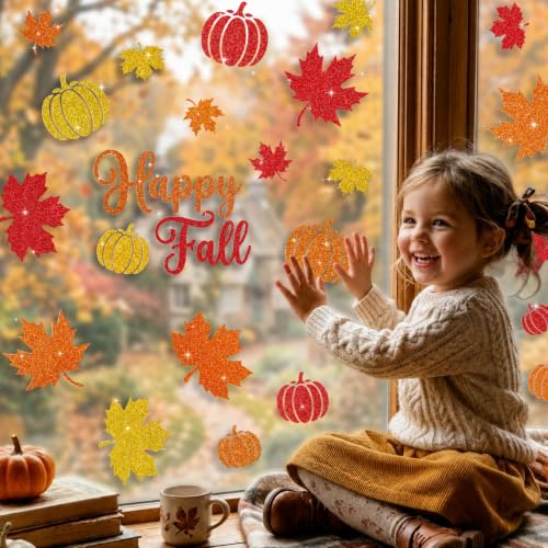 Glitter Fall Window Clings - 6 Sheets Autumn Harvest Thanksgiving Decals