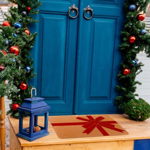 Christmas Red Bow Welcome Door Mat 17 x 29 Inches - Holiday Outdoor Rug