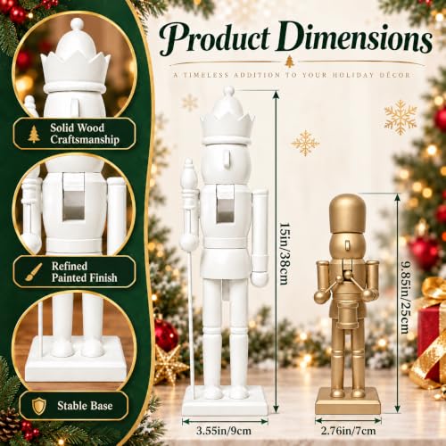 Nutcracker Christmas Decor Set, 2-Pack White & Gold – Royal King & drummer Figurines, 15in & 9.85in (Variation: Whitegolden) by Tngan