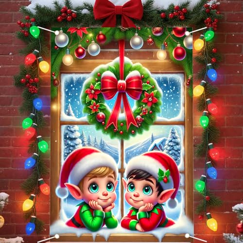 Nuxovilar Christmas Window Cover Holiday Banner 31x47in Elf Scene, Variation: CU01098