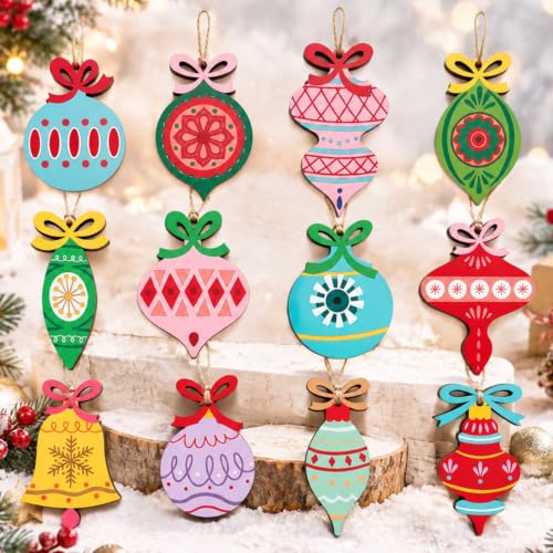 Amyhill Vintage 24 Pcs Wooden Christmas Ornaments with Rope - Retro 12 Styles