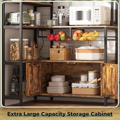 6-Tier Corner Bakers Rack with Power Outlet and Storage Cabinet