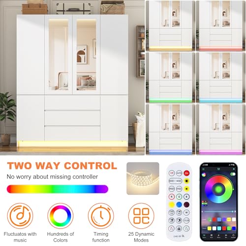 Modern 4-Door Wooden Wardrobe Armoire with Mirror, Drawers & RGB LED Lights