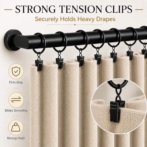 50 Pcs Black Metal Curtain Rings with Clips - 1.26 Inch Drapery Hooks