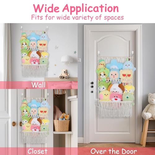 2-Tier Boho Macrame Stuffed Animal Storage Net – Large Plushie Wall Organizer
