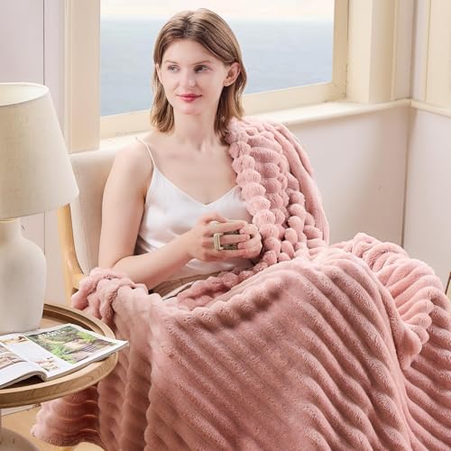 NEWCOSPLAY Pink Ribbed Fleece Throw Blanket 50x60