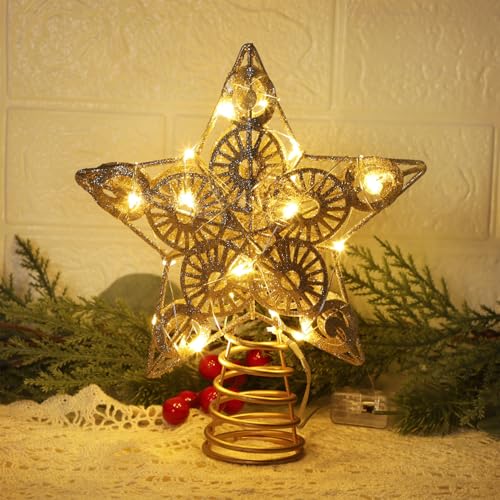 Gold Lighted Star Christmas Tree Topper with 20 Warm White LED Lights