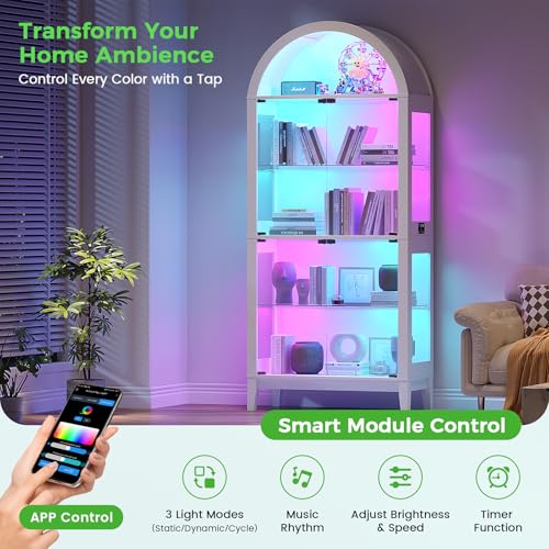 Arched Glass Display Cabinet with RGB LED Motion Sensor Lights, White