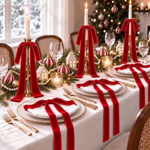 TAOYE 6-Pack Long Red Velvet Christmas Bows 15 x 24 in – Single-Sided Decorative Ornaments
