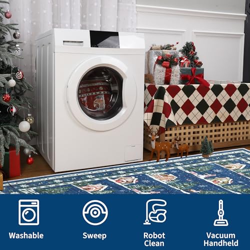 GarveeHome Blue 5' x 7' Christmas Area Rug - Machine Washable, Non-Slip Backing