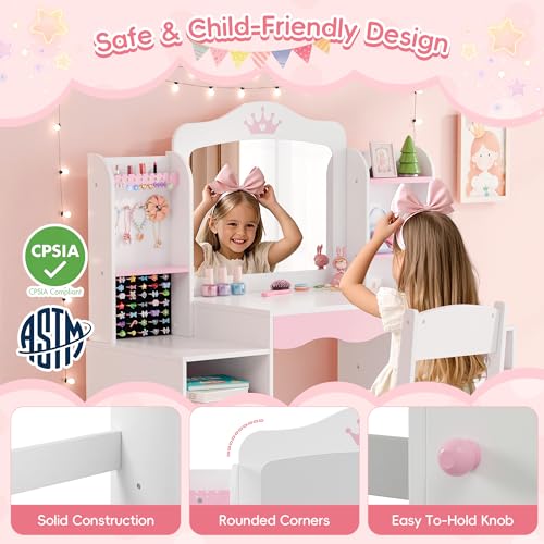 Kids Vanity Set with Mirror, Stool, and Jewelry Storage - White Wooden Desk
