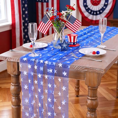 Fanqisi White Star Patriotic Table Runner 29x120 Inch, 2 Pcs 4th of July USA Flag Decor
